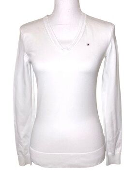 Tommy Hilfiger White V-Neck Long Sleeve Cotton Blend Sweater Women Small